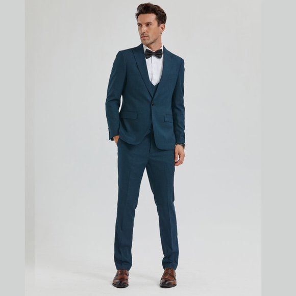 Mens Skinny Fit 3pc Textured Suit by Tazio, Dark Teal - Picture 3 of 5